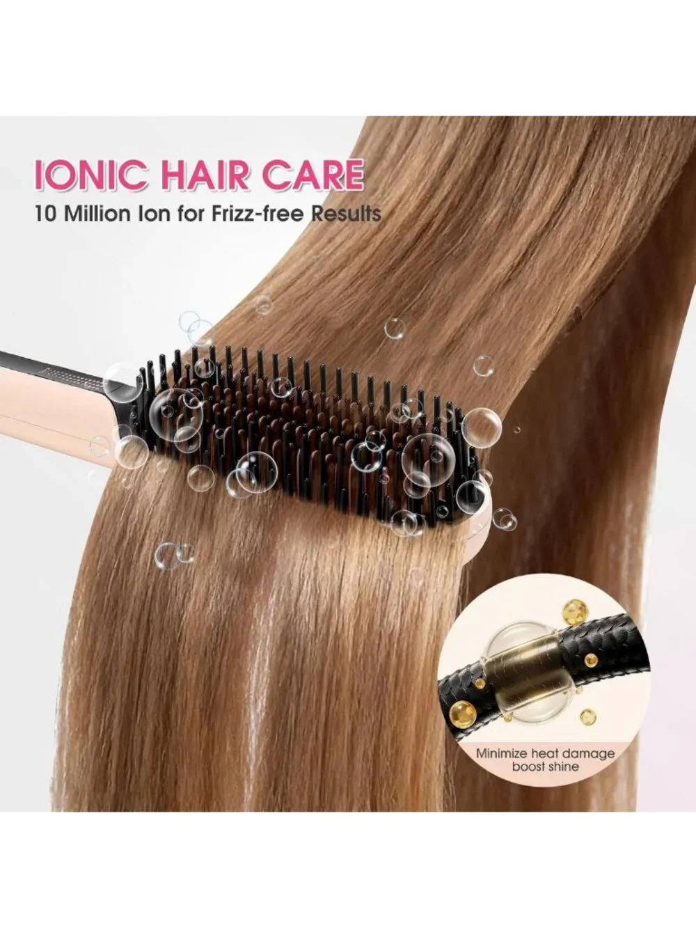 Negative Ionic Hair Straightener Brush - Fast Heat, Sleek & Smooth Finish, Pink
